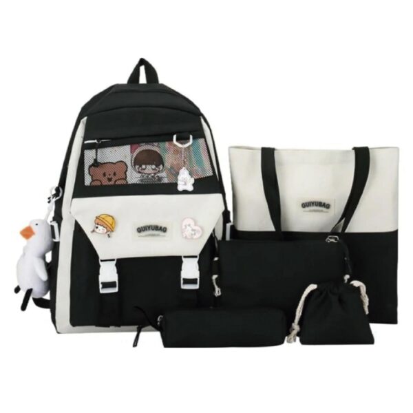 Mochila De Colegio Kawaii Harajuku - 5 Piezas - Negra